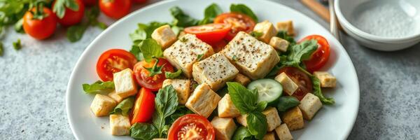 Fresh salad with tomatoes, cucumber, and garnished tofu served on a white plate photo