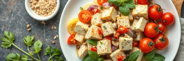 Fresh tofu salad with cherry tomatoes, herbs, and a nutty dressing served in a bright bowl photo