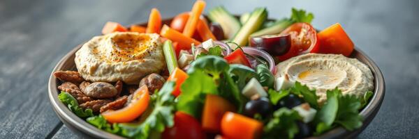 Fresh vegetable salad with hummus and nuts served on a rustic wooden table photo