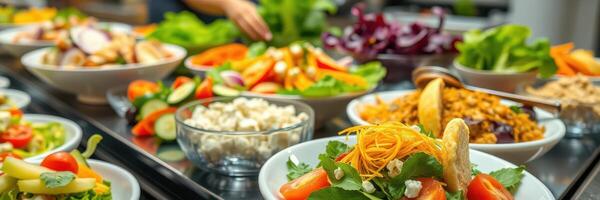 Buffet of fresh salads with colorful vegetables and garnishes at a vibrant dining setting during lunchtime photo