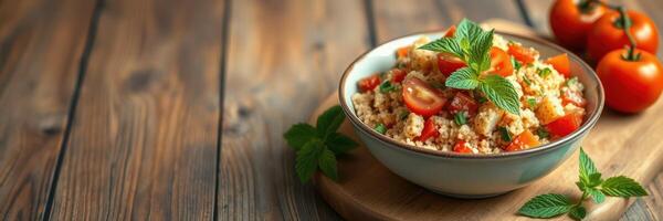 Fresh tabbouleh salad with tomatoes and mint served on a wooden board photo