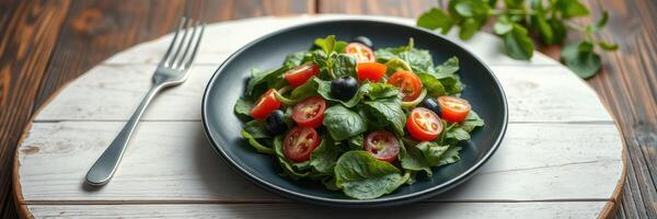 Fresh spinach salad with cherry tomatoes and blueberries served on a wooden table with a fork photo