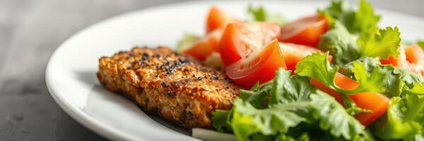 Grilled salmon fillet served with fresh garden salad and ripe tomatoes at a dining table photo