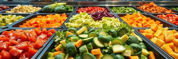 Freshly prepared salad bar with a variety of colorful vegetables at a dining location photo