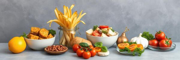 Fresh vegetables and fruits arranged on a kitchen table with snacks during a bright afternoon photo