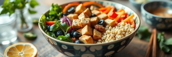 Colorful salad bowl with tofu, grains, and fresh vegetables on a wooden table photo
