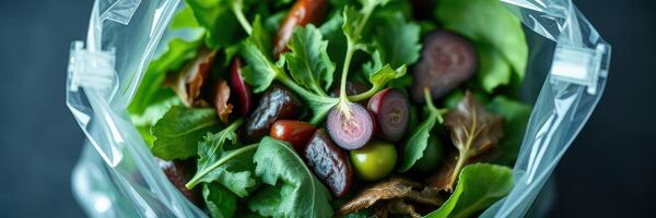 Fresh greens and colorful vegetables blended for a nutritious salad dressing in a kitchen setting photo