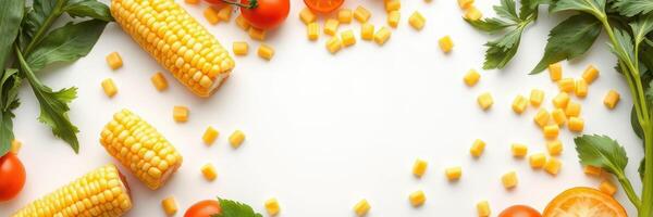 Fresh corn and tomatoes arranged beautifully on a white surface for a healthy culinary creation photo