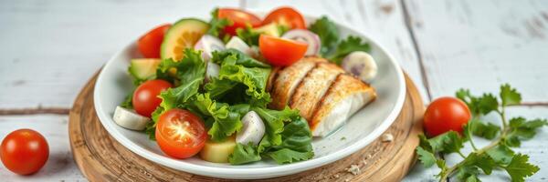 Fresh salad with grilled chicken and vegetables served on a wooden plate photo