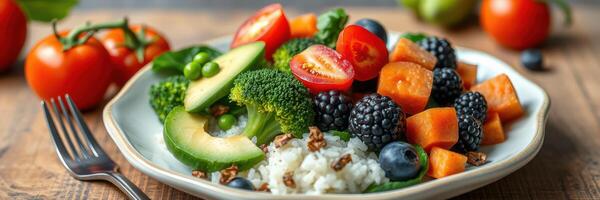 Colorful salad with fresh vegetables and fruits on a wooden table in a cozy setting photo