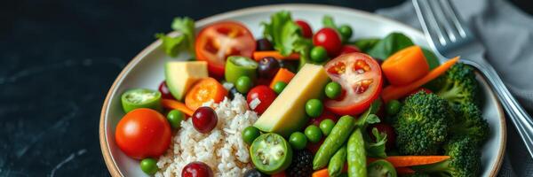 Fresh vegetable salad with colorful ingredients and grains served on a plate photo