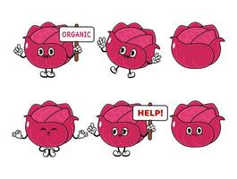 Funny cute Red Cabbage characters bundle set. hand drawn doodle style traditional cartoon vintage, retro character illustration design. Isolated white background. Happy Red Cabbage vector