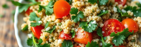Fresh couscous salad with cherry tomatoes and cilantro for a vibrant summer meal photo
