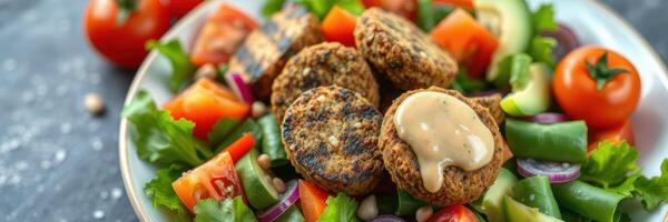 Fresh salad with falafel, vegetables, and tahini dressing served on a plate photo