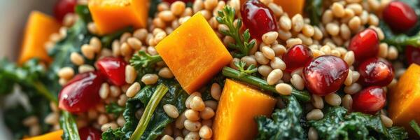 Fresh kale salad with pomegranate seeds and squash in a vibrant bowl photo