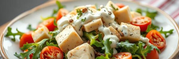 Fresh salad with tomatoes, tofu, and creamy dressing served on a white plate in a cozy kitchen setting photo