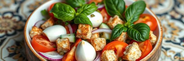 Fresh salad with tomatoes, herbs, and cheese served in a decorative bowl on an intricate patterned table photo