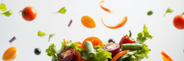 Fresh vegetables flying overhead as a colorful salad takes center stage in a vibrant kitchen during daylight photo