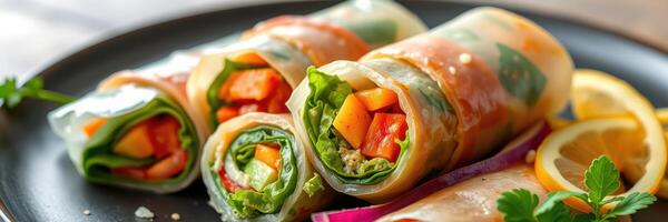 Fresh spring rolls filled with colorful vegetables served on a black plate with lemon slices photo