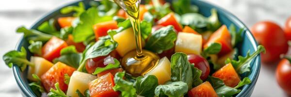 Fresh garden salad preparation with colorful vegetables and olive oil drizzle in a blue bowl photo