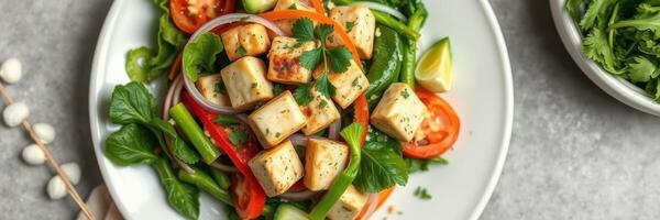 Fresh tofu salad prepared with colorful vegetables and herbs for a healthy meal option photo