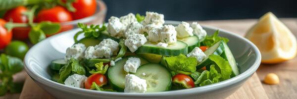Fresh cucumber salad with cherry tomatoes and feta cheese garnished with mint leaves photo