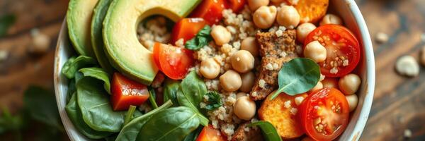 Fresh salad bowl with quinoa, chickpeas, and colorful vegetables prepared in a rustic kitchen setting photo