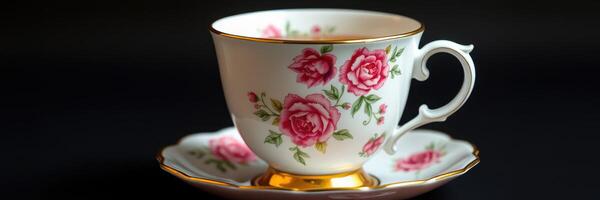 Elegant porcelain teacup with rose design resting on matching saucer against a dark background photo