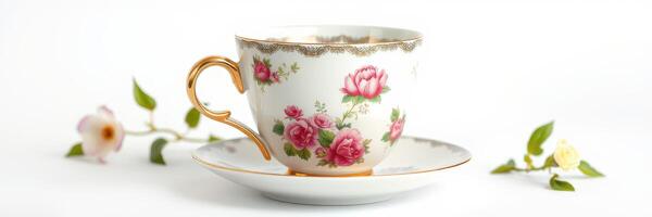 Elegant floral tea cup and saucer displayed with delicate flowers on a simple background photo