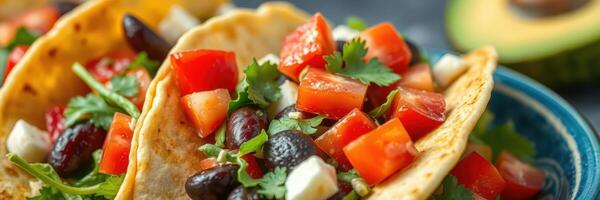 Delicious tacos filled with fresh vegetables and beans served on a blue plate photo