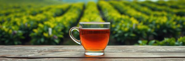 Freshly brewed tea in a glass cup against a vibrant green tea plantation backdrop photo