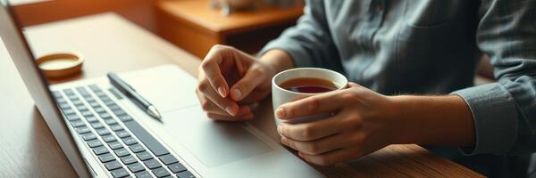 Individual enjoying coffee while working on a laptop at a cozy workspace in a sunlit room photo