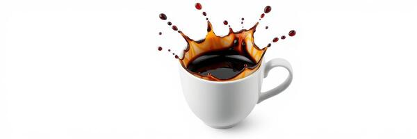 Coffee spills from a white cup, creating a splash on a white background during a morning routine photo