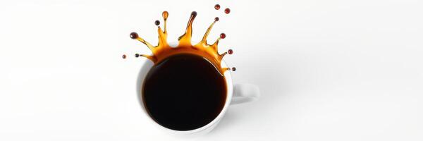 Coffee cup splashes dark liquid on white surface creating dynamic and vibrant scene in kitchen photo