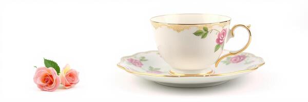 Elegant floral tea cup and saucer set with delicate pink roses for afternoon tea gatherings photo
