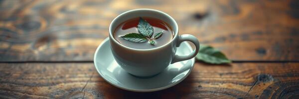 Delicious herbal tea served in a white cup on a rustic wooden table with fresh mint leaves for flavor enhancement photo