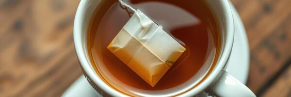 Warm cup of tea brewing on a wooden table with a tea bag immersed in hot water photo