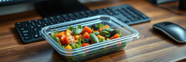 Healthy salad prepared and placed on a workspace next to a keyboard and mouse during a productive afternoon photo