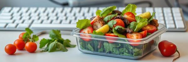 Fresh salad with cherry tomatoes and greens next to a keyboard on a desk in a work environment photo