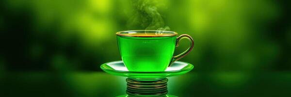 Vibrant green tea steaming in an elegant cup on a transparent saucer surrounded by a lush green background photo