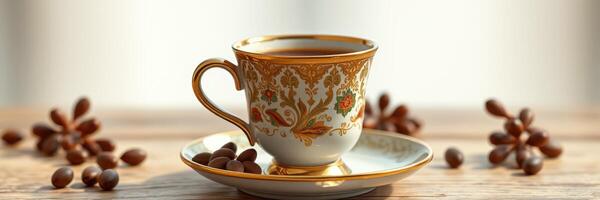 Elegant coffee cup on wooden table with coffee beans showcasing morning indulgence photo