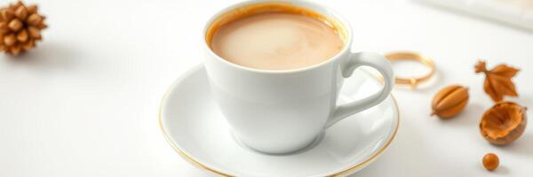 Warm and inviting cup of coffee on a minimalist table with aromatic spices and a gentle play of light photo