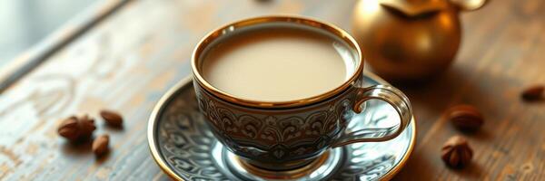 Warm cup of traditional coffee served in decorative china beside coffee beans and a brass kettle photo