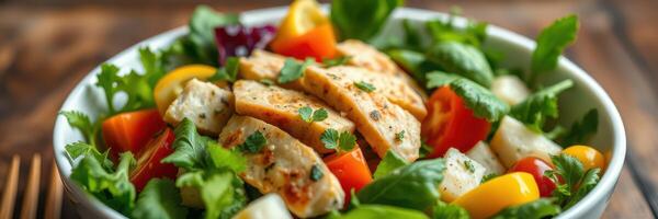 Fresh chicken salad with vibrant vegetables on a wooden table during a sunny afternoon photo