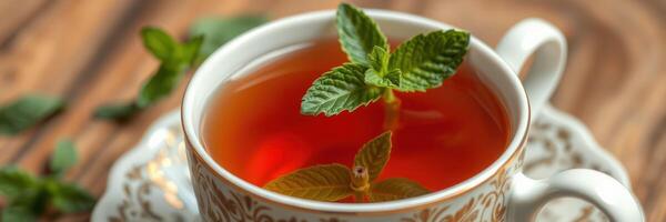 Freshly brewed herbal tea served in an elegant cup garnished with mint leaves on a wooden table photo