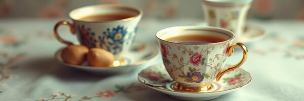 Elegant tea cups with delicate designs and cookies on a beautiful floral tablecloth in a cozy setting photo