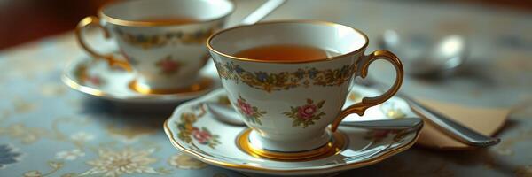 Delicate tea cups on a beautifully patterned tablecloth in a cozy setting during afternoon tea photo