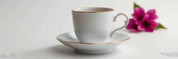 Elegant white tea cup on a saucer with a pink flower in the background, showcasing a peaceful setting photo