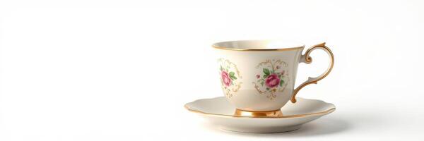 Elegant porcelain tea cup with floral design and saucer on a plain background photo