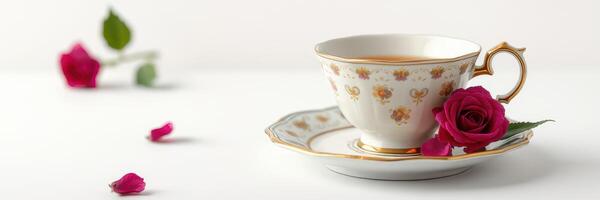 Elegant tea cup with roses on a simple backdrop during a serene afternoon gathering photo